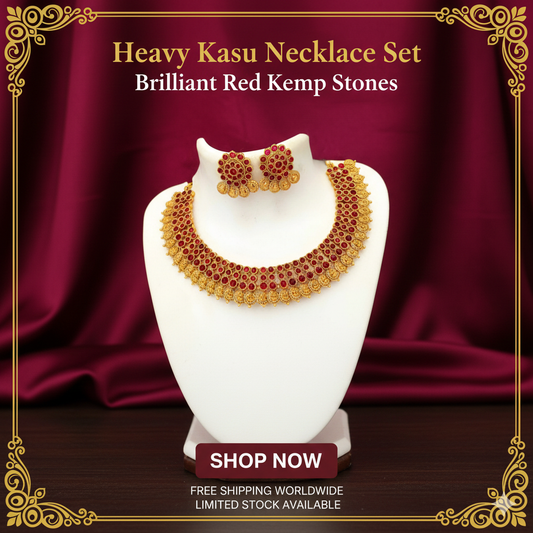 Heavy Kasu Necklace Set with brilliant  Green Kemp Stones