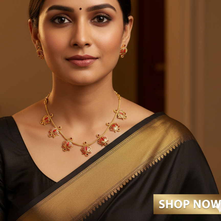 Lotus  Necklace Set with Matching Earrings | Temple & Festive Jewellery