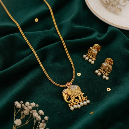 Elephant Pendant Necklace Set with Pearl Drops | Temple Jewellery I SP 1650