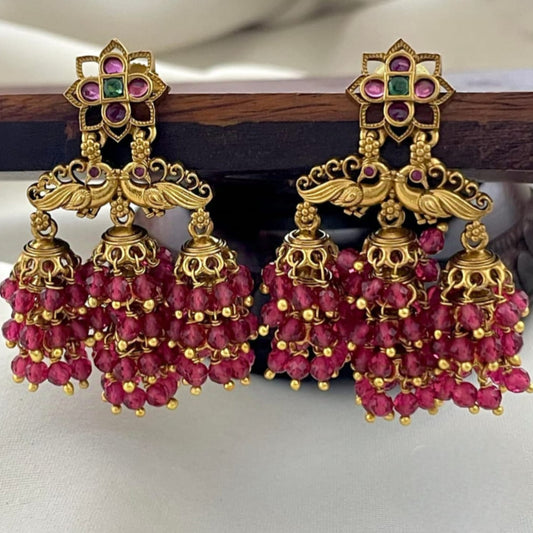 Gold-Finish Ruby Jhumka Earrings | Peacock Design Temple Jewellery for Weddings & Festive Wear EK