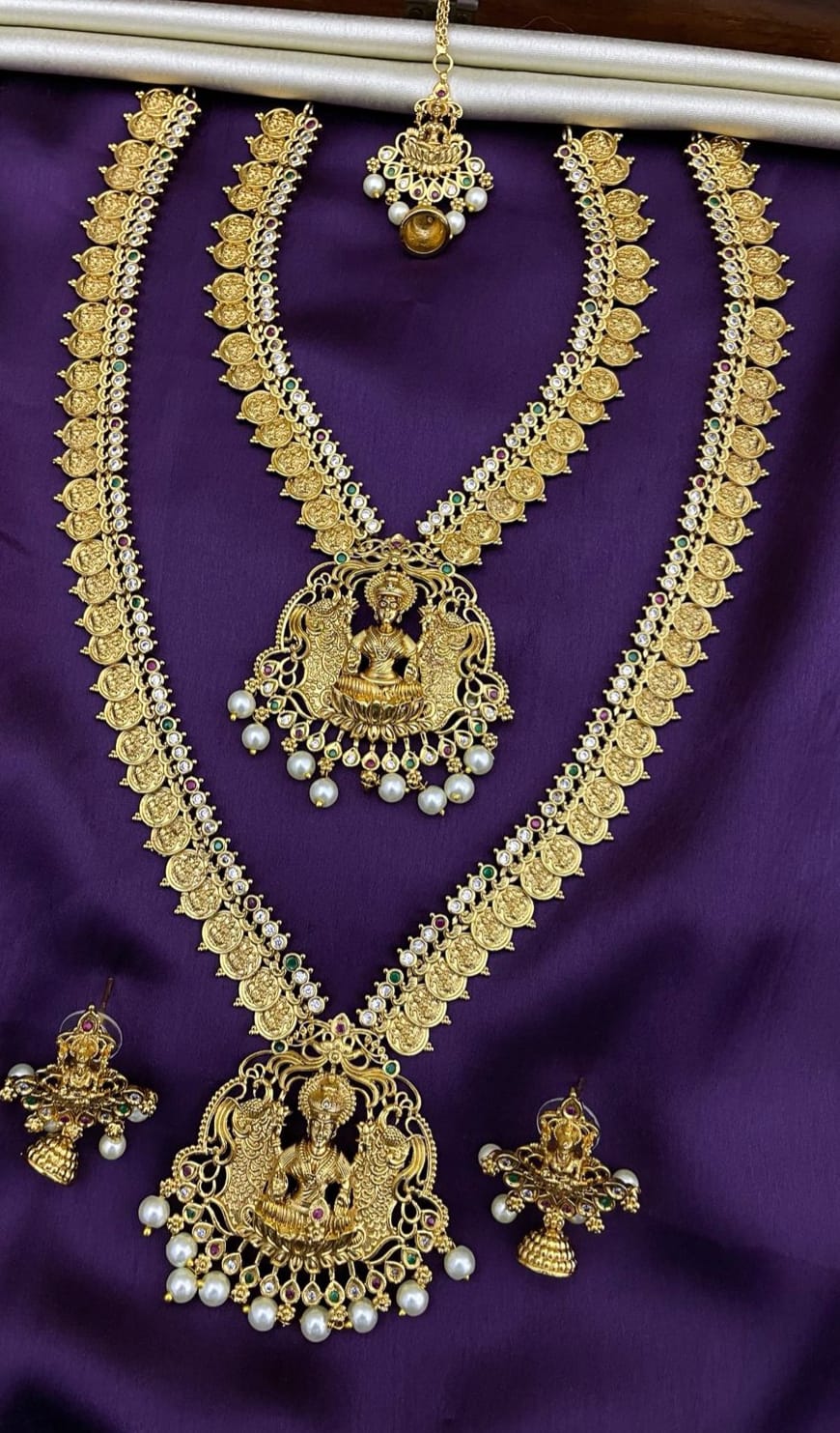 Lakshmi Temple Jewellery Combo Set – Bridal South Indian Imitation Long Haram & Short Necklace with Jhumka I SK6500 i Saanvi by Rajani