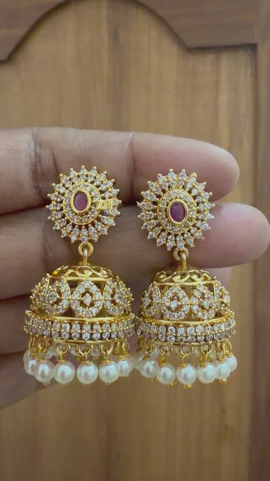 AD stone Jhumka with pearl hanging
