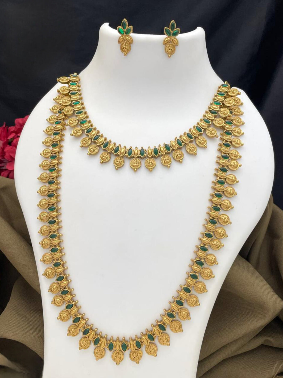 Coin Necklace Set with Ruby & Green Stones – Antique Gold Finish MJ 5001