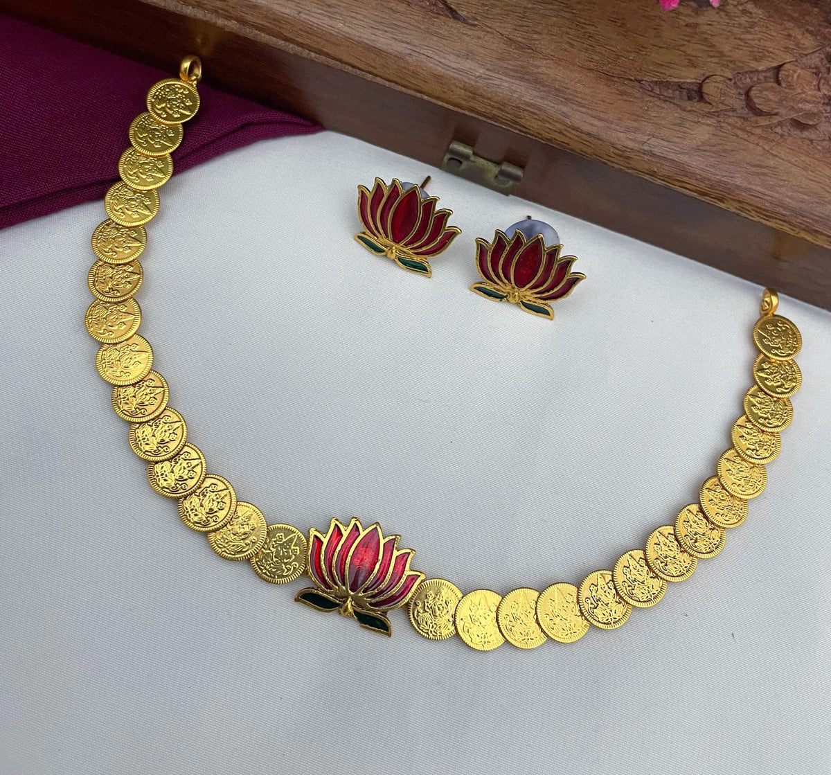 Lotus Coin Temple Necklace Set – Premium South Indian Imitation Jewellery | SK2201 | Saanvi by Rajani