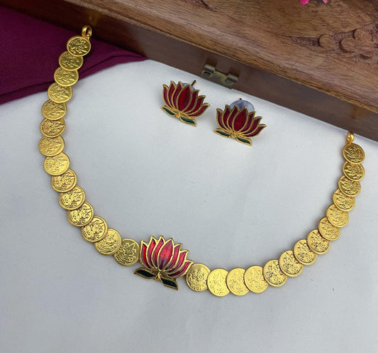 Lotus Coin Temple Necklace Set – Premium South Indian Imitation Jewellery | SK2201 | Saanvi by Rajani