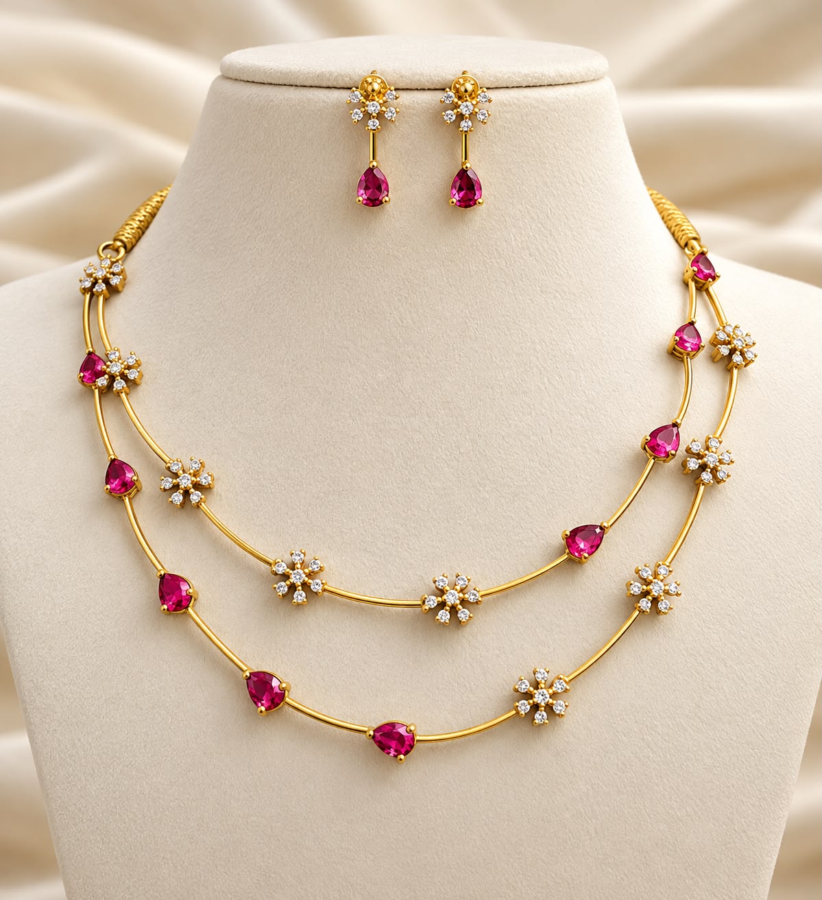 Elegant Two-Layer Floral Gemstone Necklace & Drop Earring Set