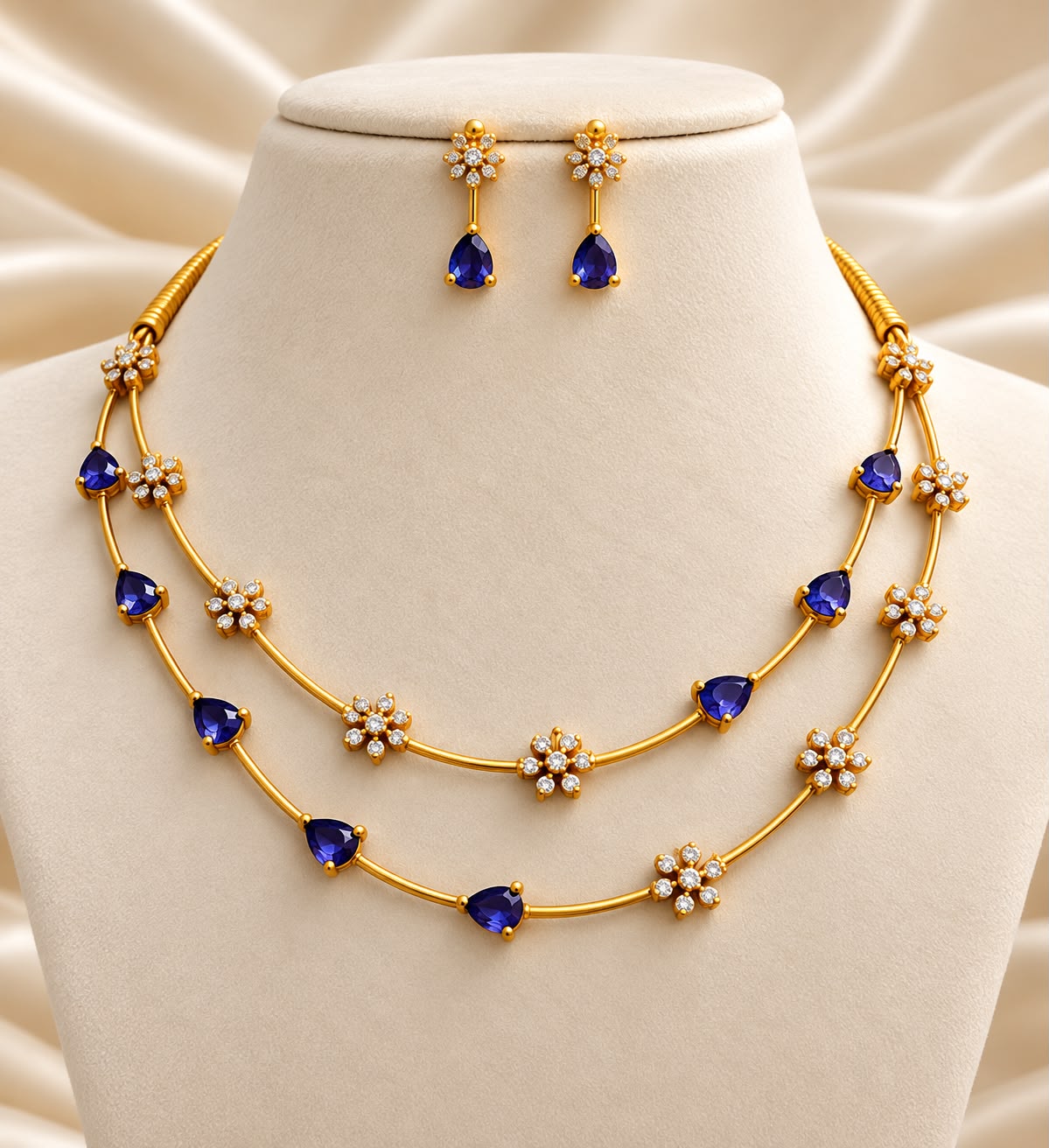 Elegant Two-Layer Floral Gemstone Necklace & Drop Earring Set