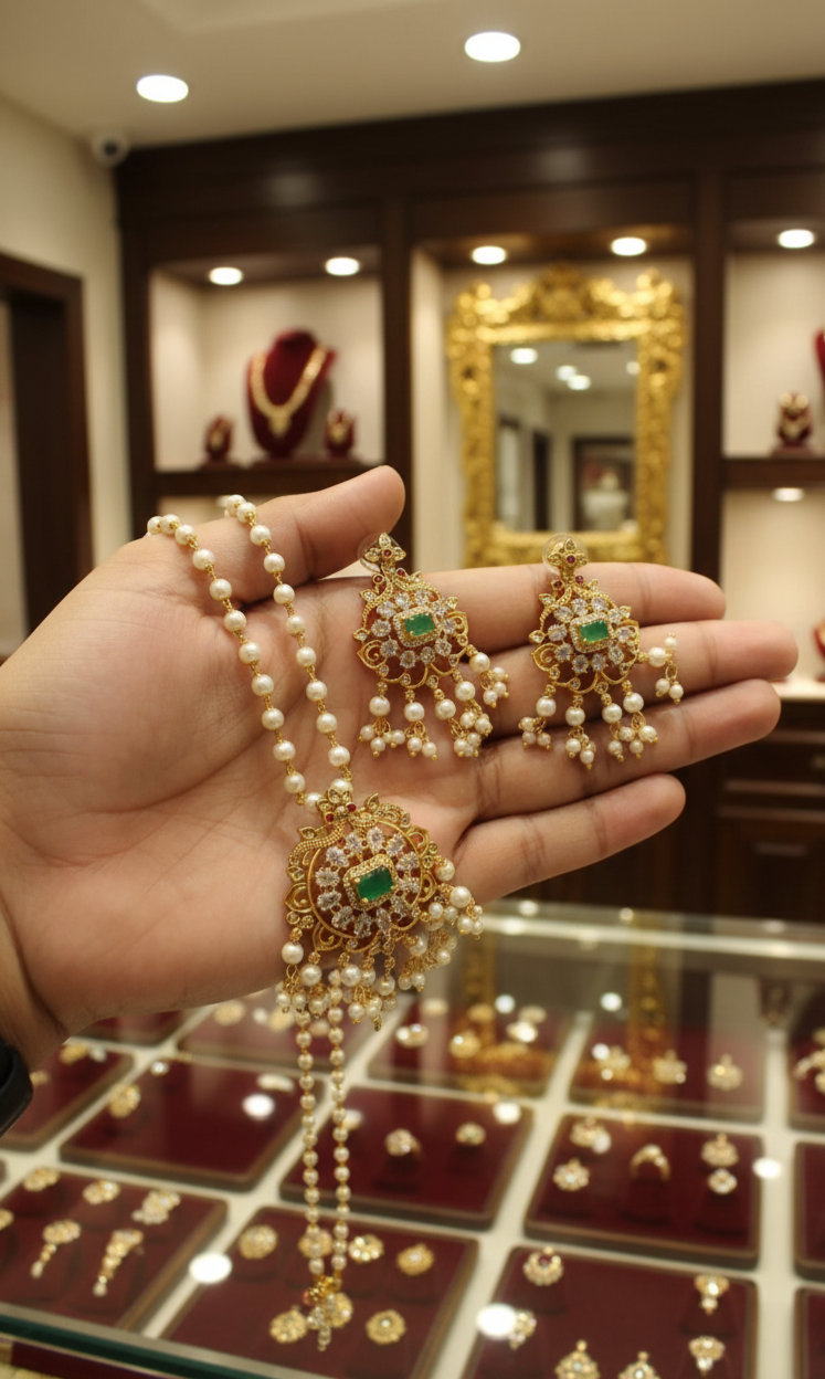 Pearl Necklace Set with Emerald Green Stone Accents CODE MT6601