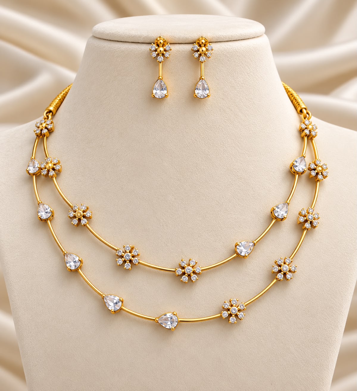 Elegant Two-Layer Floral Gemstone Necklace & Drop Earring Set