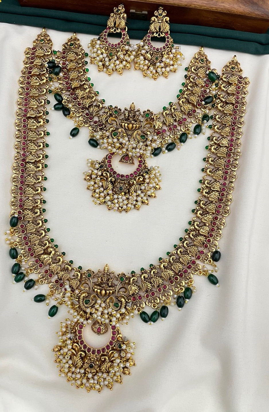 Temple Jewellery Long Haram Set with Green Stones – Bridal South Indian Imitation Jewellery| SK1190 | Saanvi by Rajani