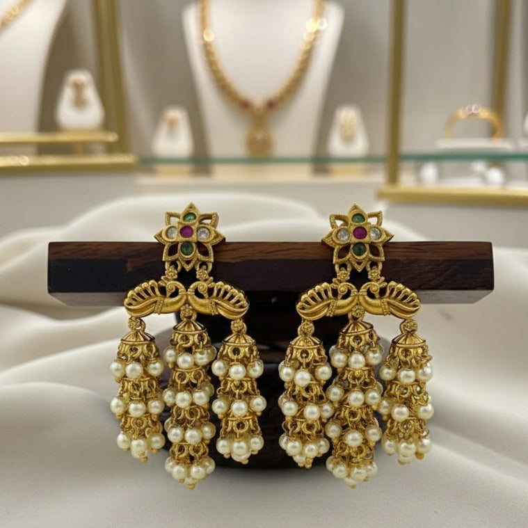 Gold-Finish Ruby Jhumka Earrings | Peacock Design Temple Jewellery for Weddings & Festive Wear EK