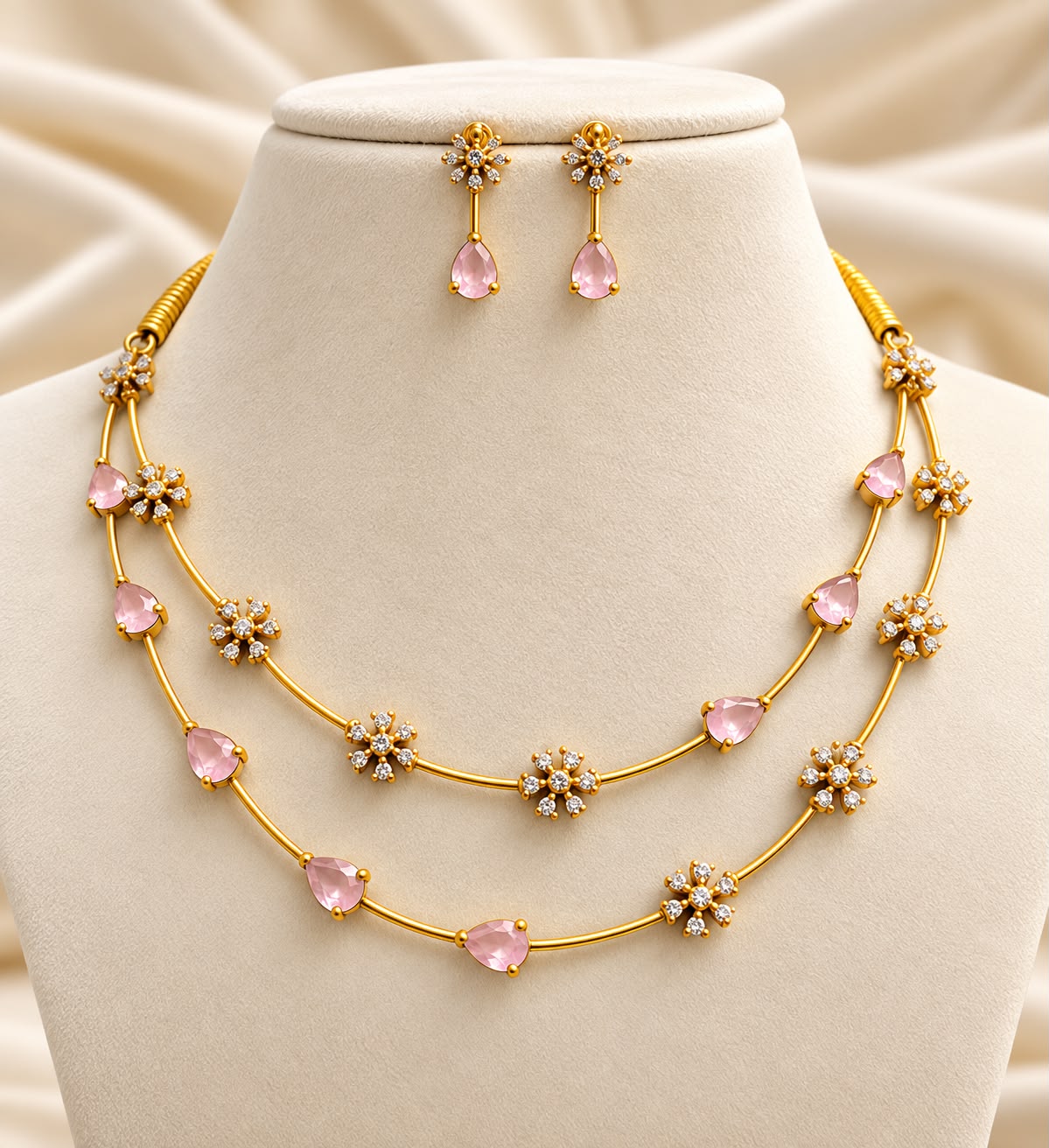 Elegant Two-Layer Floral Gemstone Necklace & Drop Earring Set