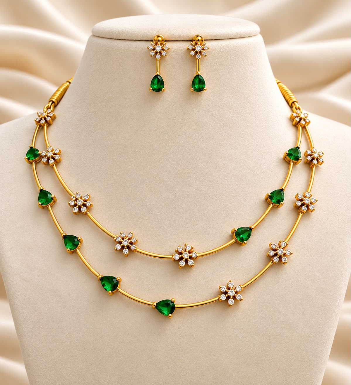 Elegant Two-Layer Floral Gemstone Necklace & Drop Earring Set