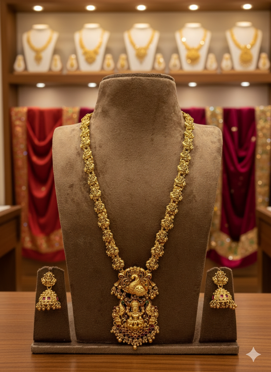 Premium South Indian Temple Jewellery Set – Antique Gold Lakshmi Necklace with Jhumkas | Bridal Imitation Jewellery