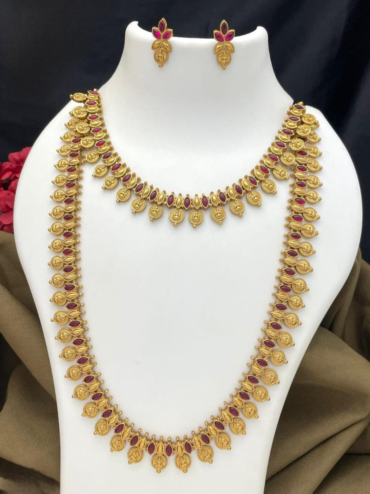 Coin Necklace Set with Ruby & Green Stones – Antique Gold Finish MJ 5001
