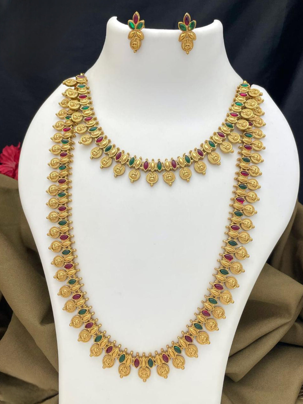 Coin Necklace Set with Ruby & Green Stones – Antique Gold Finish MJ 5001